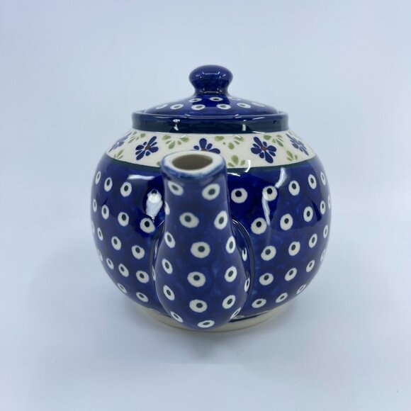 vintage boleslawiec polish pottery tea pot "blue daisy" pattern handcrafted - Picture 2 of 7